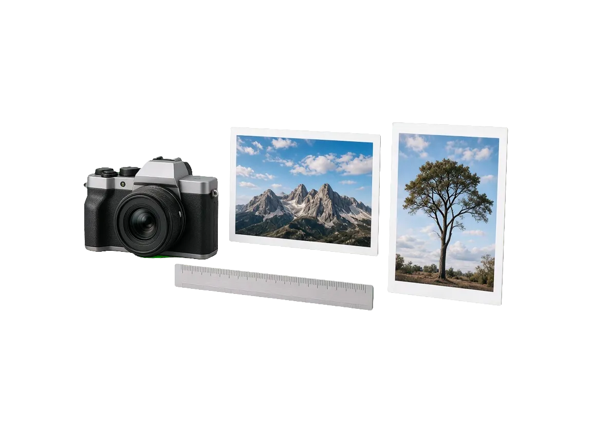 A camera, a wide 3:2 mountain print, a taller 4:5 tree print and a ruler