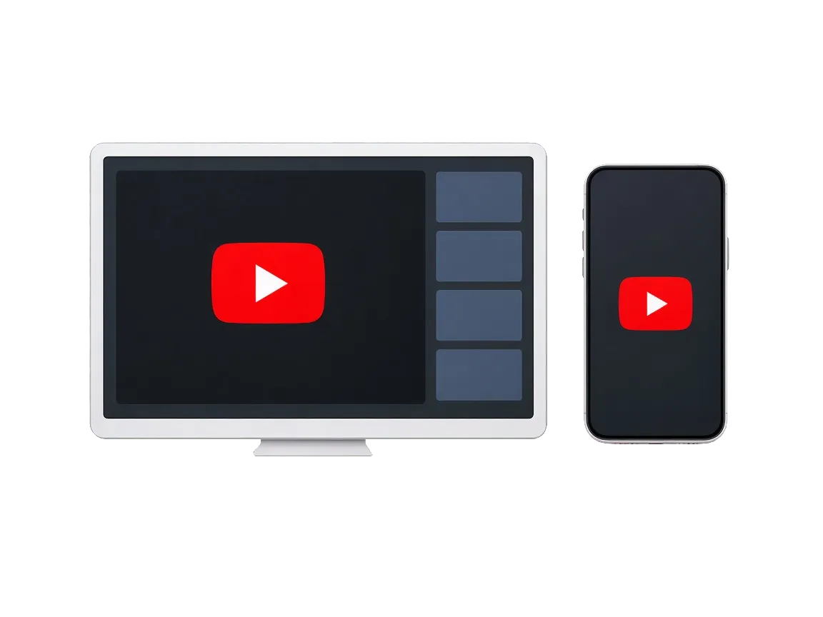 A YouTube watch page on a monitor beside a phone playing a vertical Short